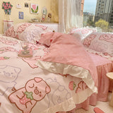 Xpoko Lovely Princess Flower Print Ruffles Bedding Set 100% Cotton Cute Girls Duvet Cover Set with Bed Sheet Kawaii Bedding Sets Soft