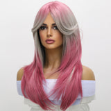 Xpoko Daily Fashion Women's Lace Wig Grey Pink Imported High Temperature Silk Women's Straight Hair Lolita Party Pink Wig