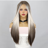 Xpoko Lolita Party Daily Cos Women's Wig Handmade Lace Light Brown Spot Dyed Center Split Straight Hair Chemical Fiber Women's Wig