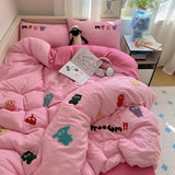 Xpoko  -  Washed Cotton Soft Bedding Set Cute Cartoon Duvet Cover Bedclothes Bedspread Pillowcases Flat Sheets Comforter Sets for Girls