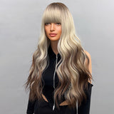 Xpoko Blonde Wig With Bangs Long Wavy Curly Ombre Wig with Dark Root Synthetic Heat Resistant Wigs for Women Daily Party Use 32Inch