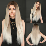 Xpoko Long Straight Light Brown ﻿Wig Gradient Ash For Women Dark Roots Daily Party Heat Resistant Synthetic Wigs Mid Split Wig