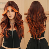 Xpoko Loose Body Wave Black Highlight Red Wig for Women Daily Party High Density Synthetic Middle Part Hair Wig with Curtain Bangs