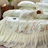 Xpoko  -  Princess Chiffon Lace Bedding Sets Luxury Green Egyptian Cotton Flowers Embroidery Duvet Cover Bed Sheet Pillowcases 2024 New