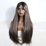 Xpoko Synthetic Lace Wig 30Inch With Bang Long Straight Lace Front Wigs Hightlight Ombre Blonde Wigs For Black Women Cosplay Wigs