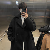 Xpoko Men Winter Outfit Long Dust Coat Men Winter Korean-style Trench Mens Solid Double Breasted Woolen Cloth Coat Loose Casual Trenchcoat Outwear