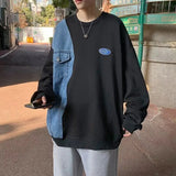 Xpoko Retro denim spliced round neck sweatshirt for men in spring and autumn, versatile casual loose trendy design niche tops zero