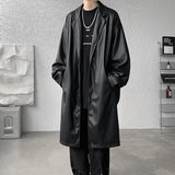 Xpoko Men Winter Outfit Unisex Black PU Leather Long Trench Coat Men Women Gothic Trenchcoat Luxury Autumn Winter Loose Windbreaker Outerwear