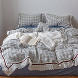 Xpoko  -  Korean Style Pure Cotton Seersucker Lattice Lace Ruffles Bedding Set INS Style Girl Bed Sets Duvet Cover Bed Sheet Pillowcases