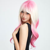 Xpoko Pink Gradient Wig With Wavy Bangs And Curly Hair Suitable For Party Wear Synthetic Synthetic Fiber Women's Wig