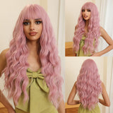 Xpoko Light Pink Curly Wig Synthetic Long Deep Wave Wig with Bangs Halloween Cosplay Party Hair Wigs for Women Heat Resistant Hair