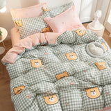 Xpoko Fashion Bedding Set White Green Double Bed Linens Quilt Duvet Cover Pillowcase Queen Size Flat Sheet Classic Grid for Girl Boy