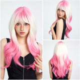 Xpoko Pink Gradient Wig With Wavy Bangs And Curly Hair Suitable For Party Wear Synthetic Synthetic Fiber Women's Wig