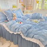 Xpoko  -  Summer princess style super king size bedding set soft yellow quilt cover seersucker ice silk bed four-piece washable cotton