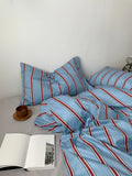 Xpoko New 100% Cotton Blue Bedding Set Luxury Simple Striped Bed Sheet Quilt Cover Pillow Case Bed Hat Fashion Design 2.0m/1.2m Bed