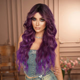 Xpoko Costume Wigs Long Wavy Purple Body Wigs with Dark Roots High Density Synthetic Heat Resistant Wig for Light Colored End