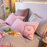 Xpoko Super Soft Warm Cosy Flannel Velvet Fleece Cartoon Bear Embroidery Child Bedding Set Duvet Cover Flat/Fitted Sheet Pillowcases