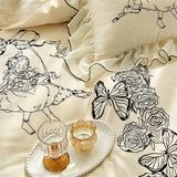 Xpoko  -  Vintage Rose Flower Butterfly Lace Ruffles Princess Bedding Set 100S Egyptian Cotton Quilt/Duvet Cover Set Bed Sheet Pillowcases