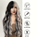 Xpoko Long Wavy Silver Grey Black Highlight Wig 27in Natural Heat Resistant Fiber Synthetic Curly Light Grey Black Ombre Wigs with