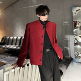 Xpoko Men Winter Outfit Wine Red Blazers Men Suit Jackets Casual Stand Collar Solid Color Male Short Coats Korean Trendy Men's Clothing Autumn New