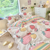 Xpoko Kawaii Peach Bedding Set For Home Cotton Twin Full Queen Size Strawberry Bear Cute Fitted Bed Sheet Pillowcases Duvet Cover