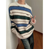 Xpoko Autumn men and women sweaters striped Korean style retro loose sweaters, long-sleeved pullover sweaters trendy brands y2k top