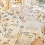 Xpoko Lovely Princess Flower Print Ruffles Bedding Set 100% Cotton Cute Girls Duvet Cover Set with Bed Sheet Kawaii Bedding Sets Soft