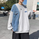 Xpoko Retro denim spliced round neck sweatshirt for men in spring and autumn, versatile casual loose trendy design niche tops zero