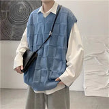 Xpoko Sweater vest men solid color plaid V-neck Hong Kong style couple waistcoat loose versatile bottoming sleeveless sweater trendy