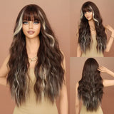Xpoko Long Wavy Dark Brown Wigs for Women Daily Cosplay Party Dyeing Gradient Wigs Synthetic Wigs Heat Resistant Wig With Bangs