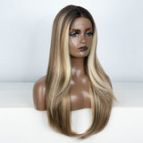 Xpoko Synthetic Lace Front Wigs For Black Women 28 inches Straight Ombre Blonde Heat Resistant Highlight Cosplay Wigs