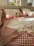 Xpoko  -  Romantic sweet flower plaid red lace bedding set,full queen king fairyfair cotton home textile bed sheet pillow case quilt cover