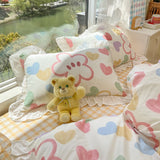 Xpoko Lovely Princess Flower Print Ruffles Bedding Set 100% Cotton Cute Girls Duvet Cover Set with Bed Sheet Kawaii Bedding Sets Soft