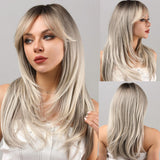 Xpoko Women Blonde Wigs Long Blonde Bangs Dark Root Layered Synthetic Wig For Daily Use Suitable For Fashion Ladies