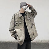 Xpoko Men Winter Outfit Men Gray Tie-dye Denim Jackets Coats Loose Vintage Jeans Jackets New Autumn Hip Hop Denim Coats Outwear Casual Jeans Coats