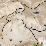 Xpoko Girlish Embroidered Bow Bedding Set 300TC Cotton Queen King Size Lovely Bed Sheet Pillowcase Duvet Cover Set 4pcs with Ruffles