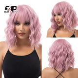 Xpoko Synthetic Pastel Wavy Wig With Bangs Ladies Short Style Pink Wig Role Play Suitable For Girls Daily Use Wig