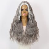 Xpoko Handmade Small Lace Gray Gradient Highlight Dyed Corn Perm Long Hair Wave Roll Realistic Synthetic Fiber Full Head Wig