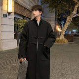 Xpoko Men Winter Outfit Autumn Winter Men Horn Button Woolen Coat Mid Length Stand Collar Trench Coat Solid Color Big Pocket Overcoat Streetwear