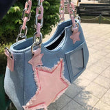 Xpoko back to school Korean Fashion Shoulder Underarm Harajuku Star Tote Denim Bag Chain Ladies Bags Zip Purses Handbags Women 2025 Luxury Square Bag