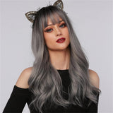 Xpoko Long Wavy Silver Ash Ombre Cosplay Synthetic Wigs Natural Curly Gray Black Hair Wig with Bangs for Women Afro Heat Resistant