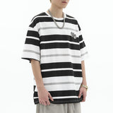 Xpoko Hong Kong style retro black and white loose striped short-sleeved T-shirt men summer contrast color ins horizontal striped top