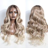 Xpoko Synthetic Long Lace Wig Ombre Honey Blonde Wavy Wig for Women 26 Inch Curly Natural Looking Heat Resistant Fiber for Daily