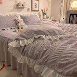 Xpoko Pink Ruffled Seersucker Duvet Cover Set 3/4pcs Soft Lightweight Down Alternative Grey Bedding Set with Bed Skirt and Pillowcases