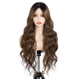 Xpoko Synthetic Lace Wigs Water Wave  28 Inch Brown Chestnut Wig with Bang Lace Wig Ombre Brown Cosplay Wigs For Women Lace Front Wig