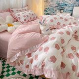 Xpoko Lovely Princess Flower Print Ruffles Bedding Set 100% Cotton Cute Girls Duvet Cover Set with Bed Sheet Kawaii Bedding Sets Soft