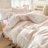 Xpoko Korean Style Princess Bedding Set Luxury Pink Lattice Duvet Cover Ruffles Lace Bedspread Bed Sheet Pillowcases