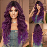 Xpoko Costume Wigs Long Wavy Purple Body Wigs with Dark Roots High Density Synthetic Heat Resistant Wig for Light Colored End