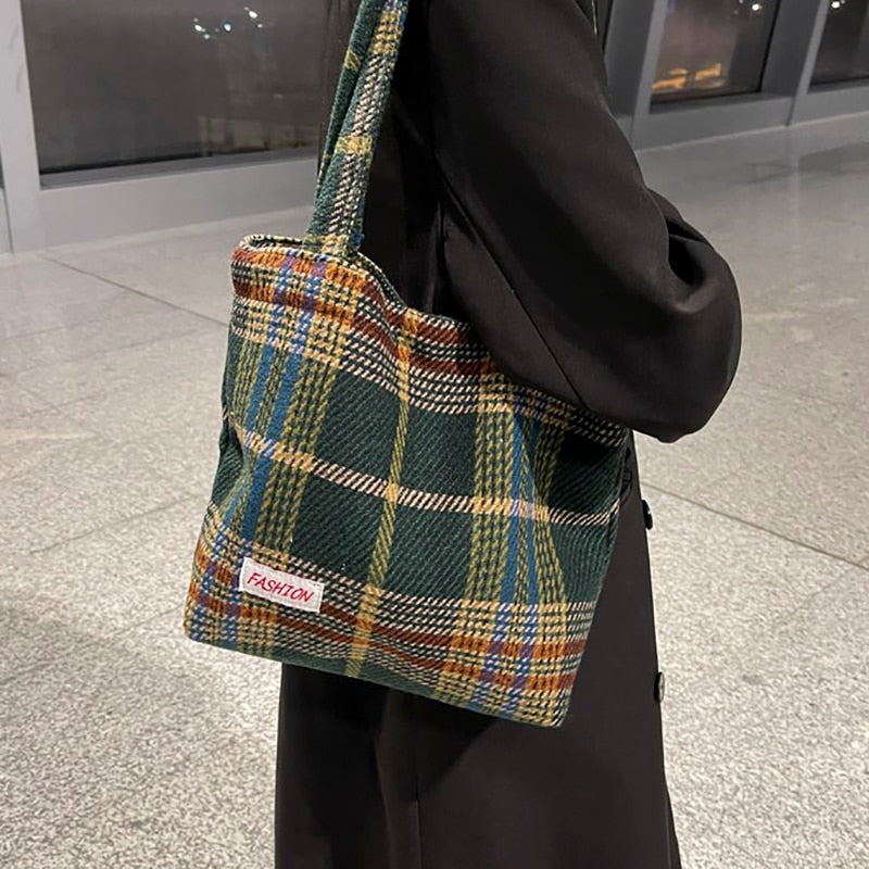 Xpoko Tote Women's Bag Shoulder Wool Shopper Bags For Women Large Capacity Autumn Winter New Soft Plaid Ladies Travel Designer Handbag