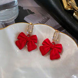 Xpoko Christmas Gifts Christmas Red Bow Drop Earring For Women Temperament Heart Flocking Bowknot Christmas Earring Girls New Year Festival Jewelry